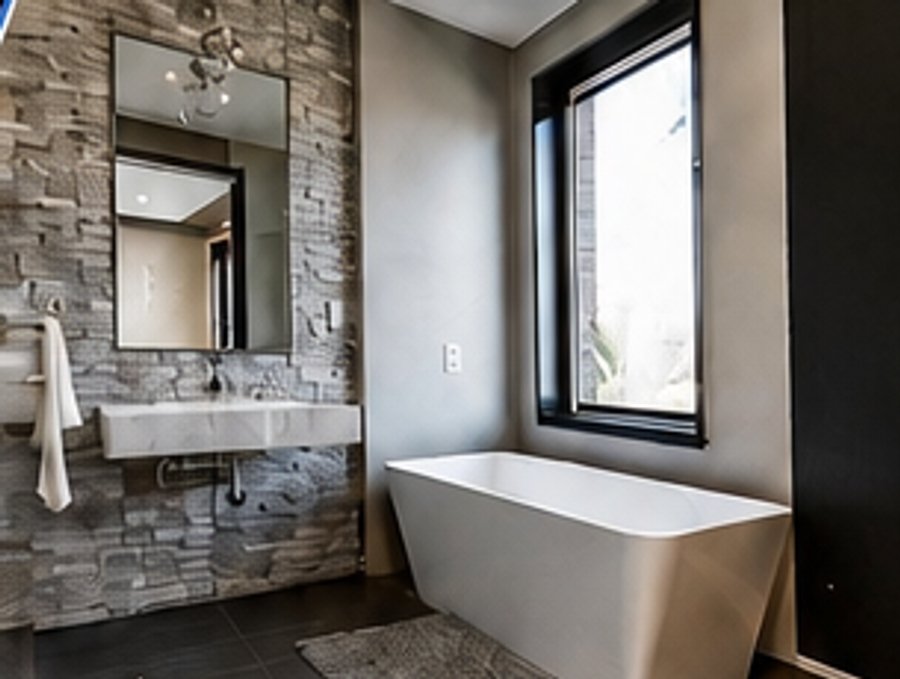 Spa-style bathroom remodel with stacked stone accent wall
