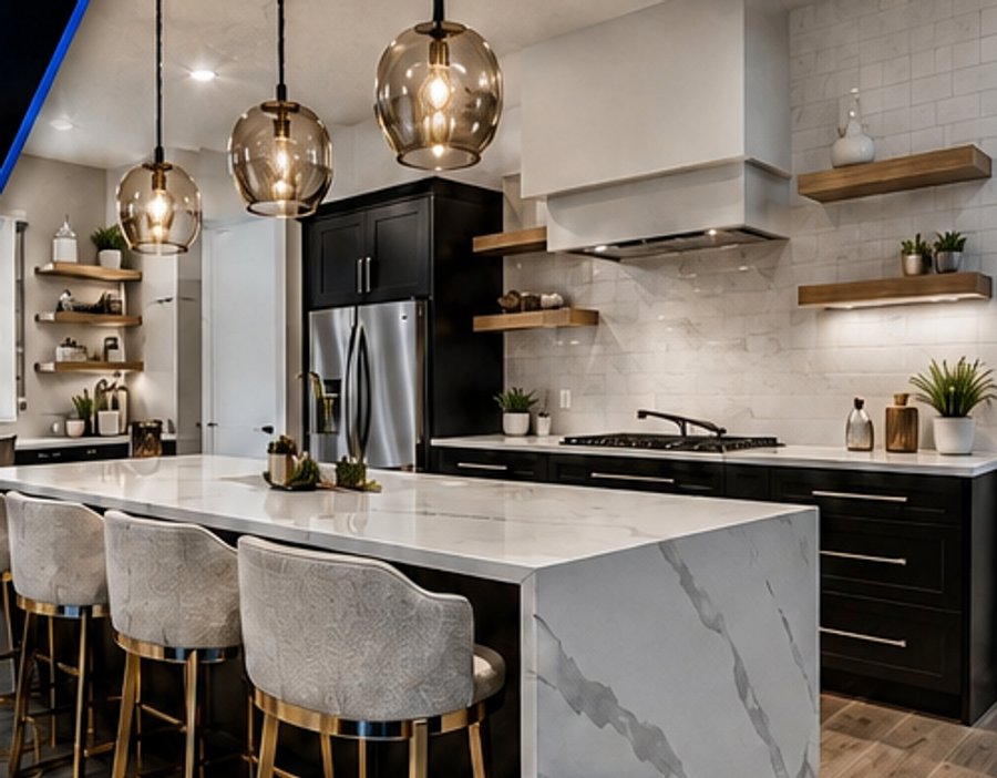 Modern kitchen remodel with black cabinetry and marble island